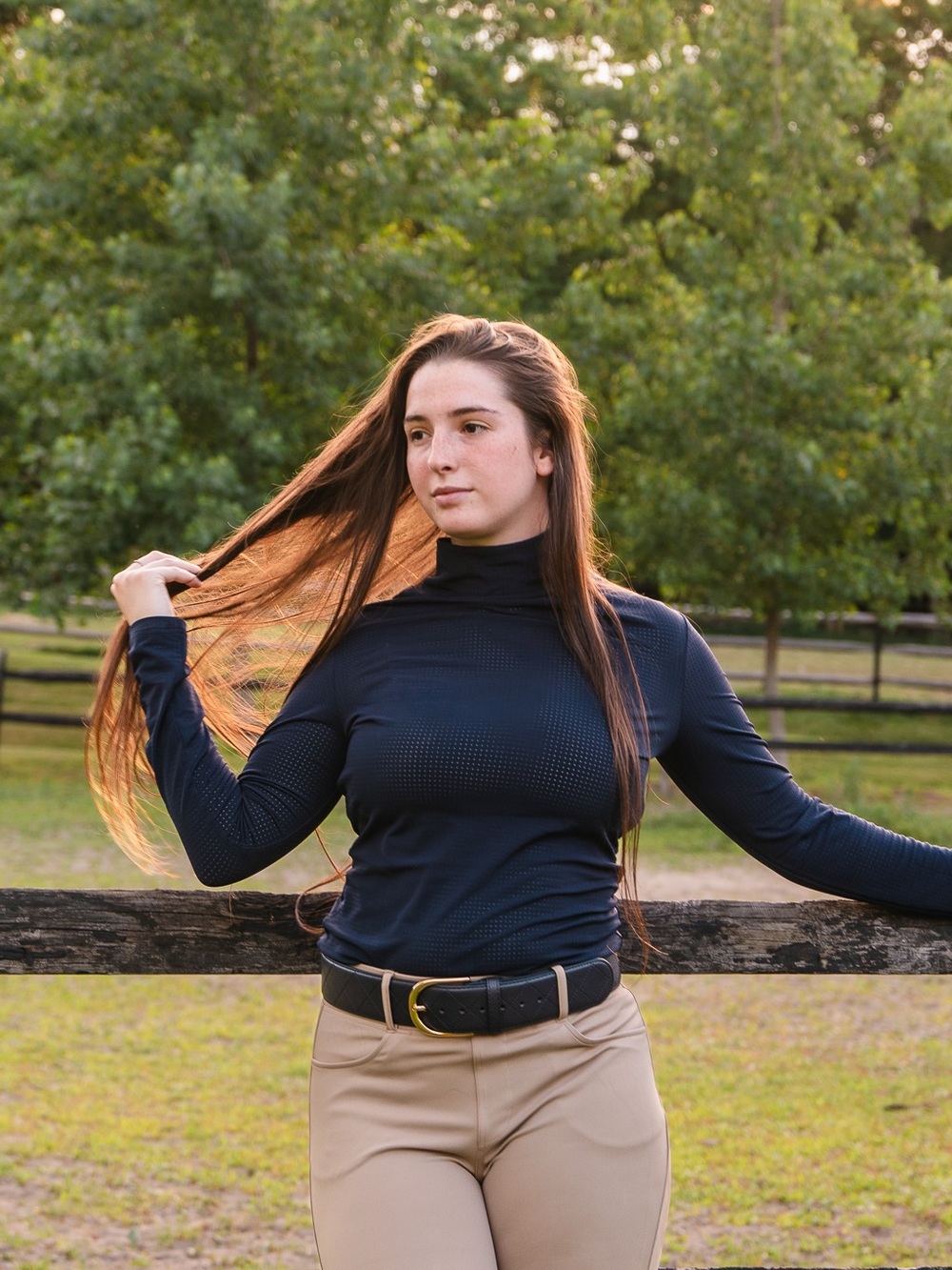 Navy Blue Long Sleeve Mesh Top (Mock Neck)